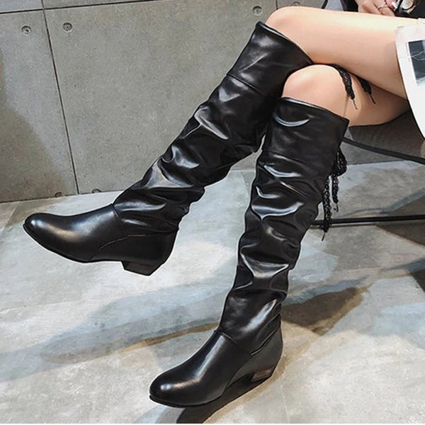 Women’s Knee-High Boots – Pleated Tall Leather Boots with Low Heel | Style Haven