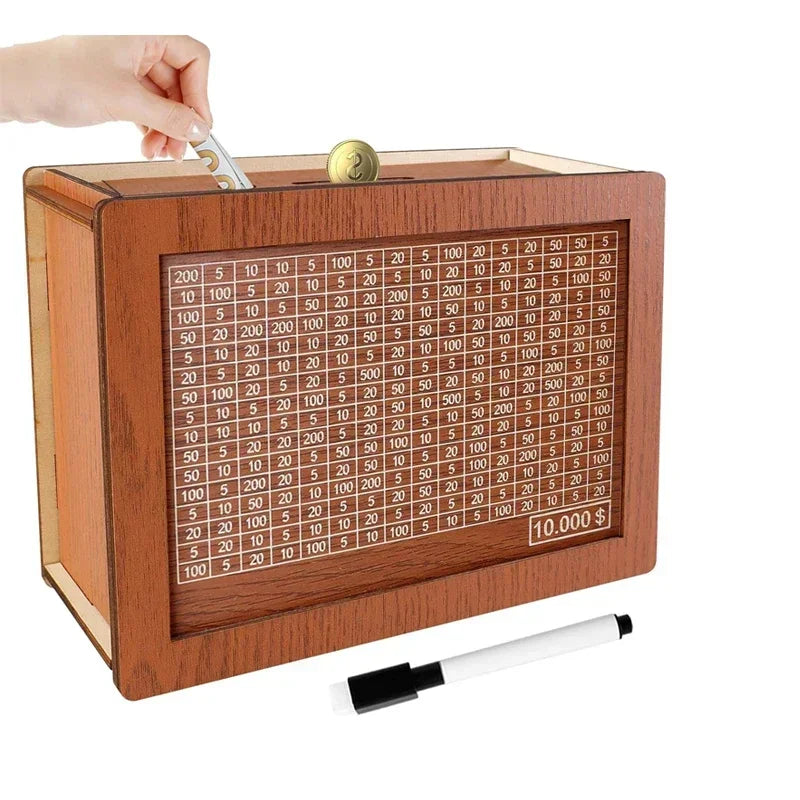 Saving Challenge Wooden Money Box – Reusable Decorative Retro Cash & Coin Bank