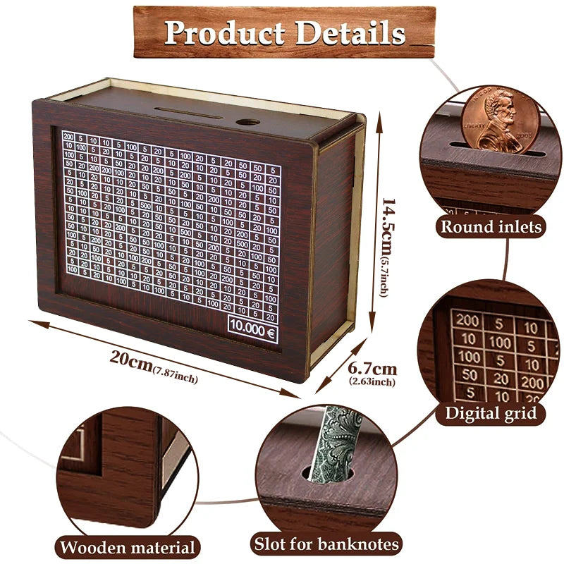 Euro Money Challenge Wooden Piggy Bank – 1K to 10K Savings Box with Tracker