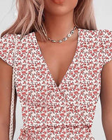 V-Neck Floral High Waist Mini Dress – Lightweight Summer Short Sleeve Dress for Women