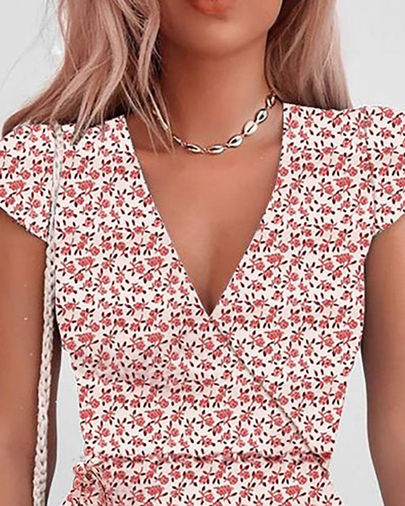 V-Neck Floral High Waist Mini Dress – Lightweight Summer Short Sleeve Dress for Women