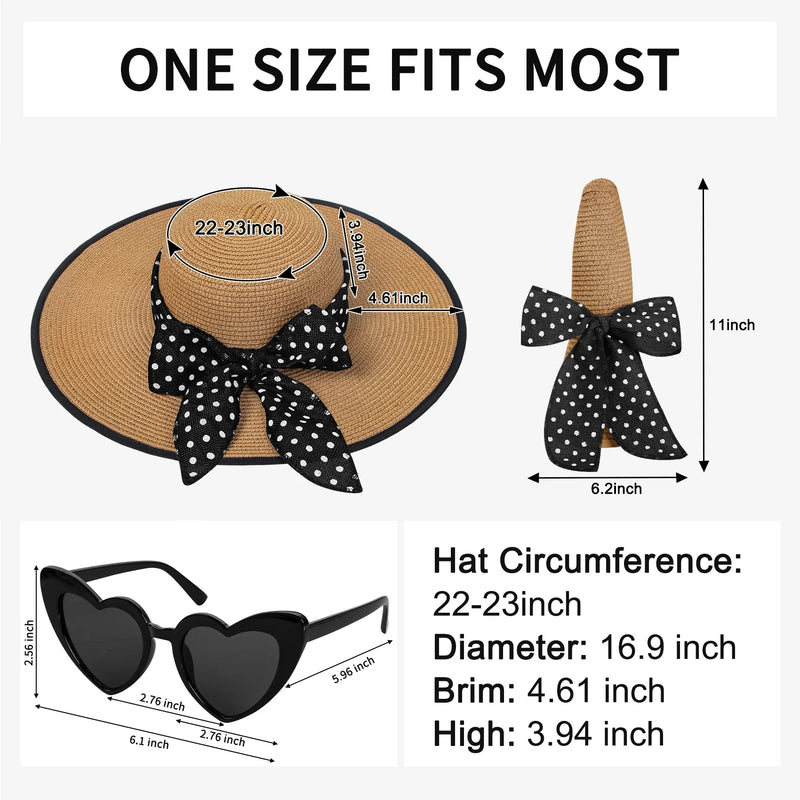 Women’s Wide-Brim Straw Hat Set – Floppy Beach Hat, Heart Sunglasses & 3 Ribbon Styles