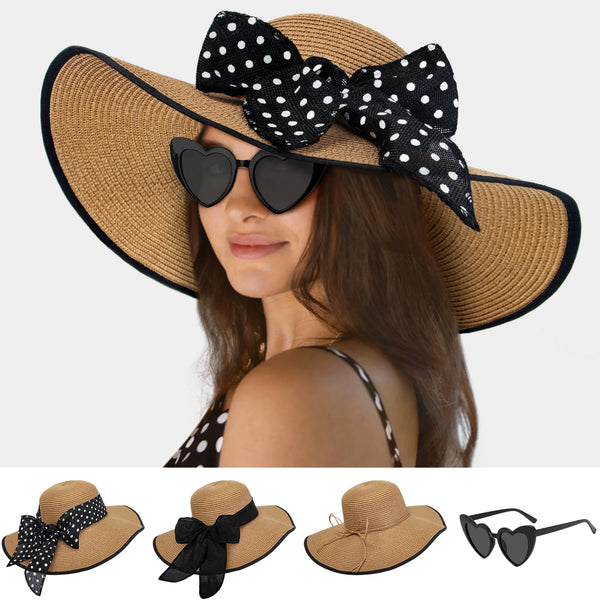 Women’s Wide-Brim Straw Hat Set – Floppy Beach Hat, Heart Sunglasses & 3 Ribbon Styles