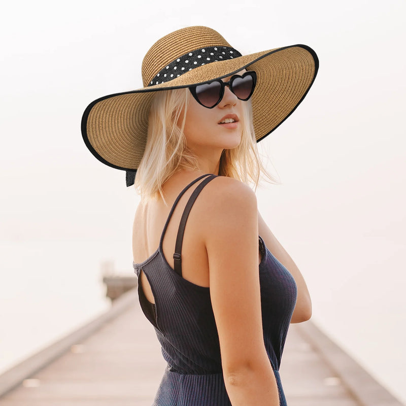 Women’s Wide-Brim Straw Hat Set – Floppy Beach Hat, Heart Sunglasses & 3 Ribbon Styles