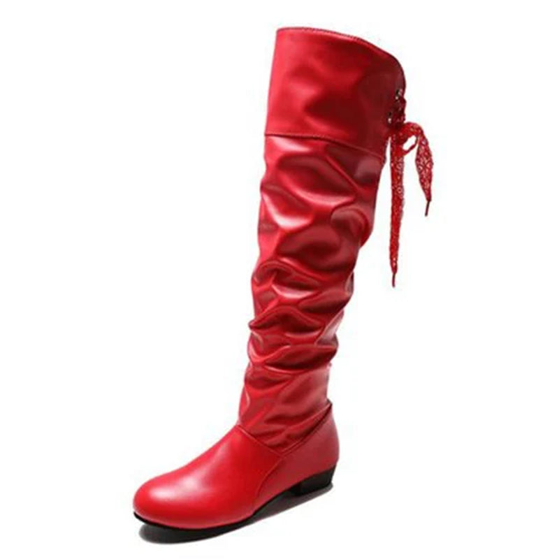 Women’s Knee-High Boots – Pleated Tall Leather Boots with Low Heel | Style Haven
