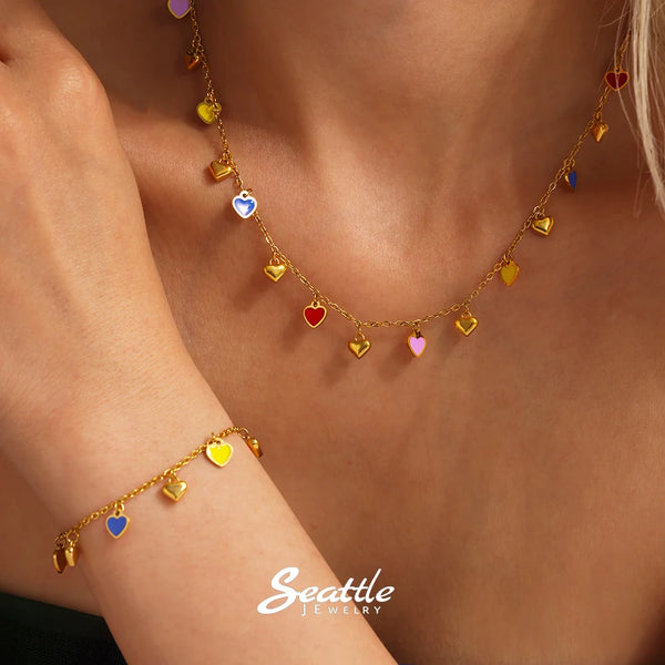 Gold-Plated Stainless Steel Jewelry Set – Colorful Enamel Heart Necklace & Bracelet | Style Haven