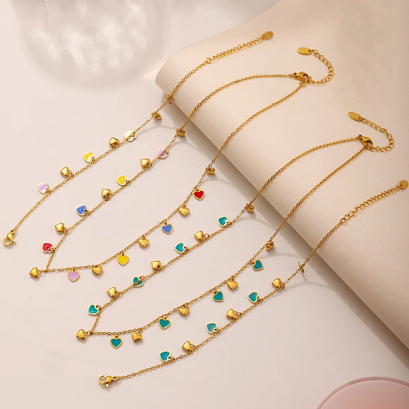 Gold-Plated Stainless Steel Jewelry Set – Colorful Enamel Heart Necklace & Bracelet | Style Haven