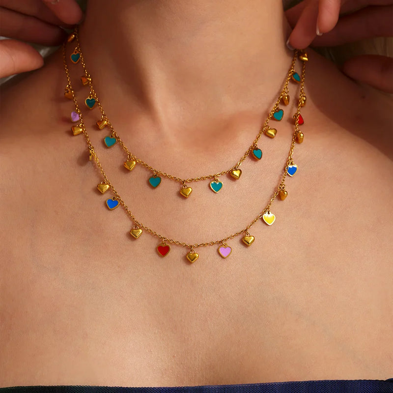Gold-Plated Stainless Steel Jewelry Set – Colorful Enamel Heart Necklace & Bracelet | Style Haven