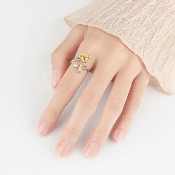 925 Sterling Silver Sunflower Diamond Zircon Rotatable Ring – Stress Relief Jewelry