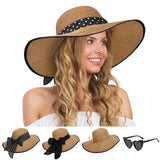 Women’s Wide-Brim Straw Hat Set – Floppy Beach Hat, Heart Sunglasses & 3 Ribbon Styles