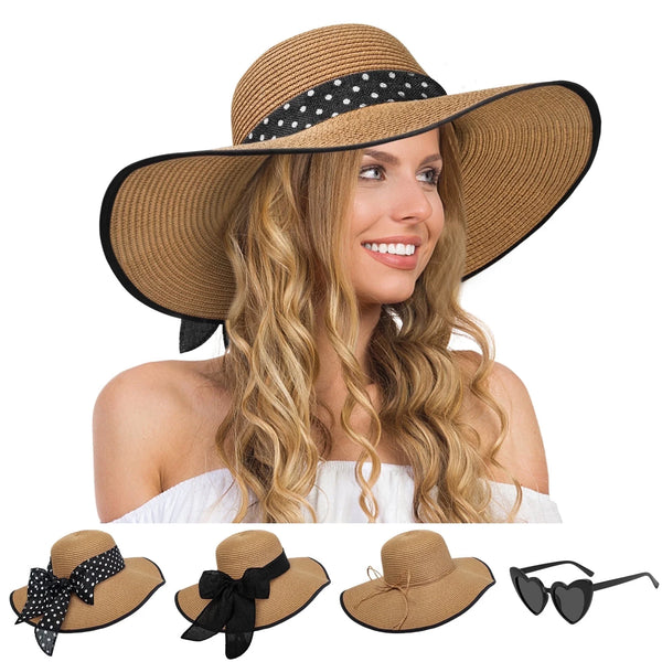 Women’s Wide-Brim Straw Hat Set – Floppy Beach Hat, Heart Sunglasses & 3 Ribbon Styles