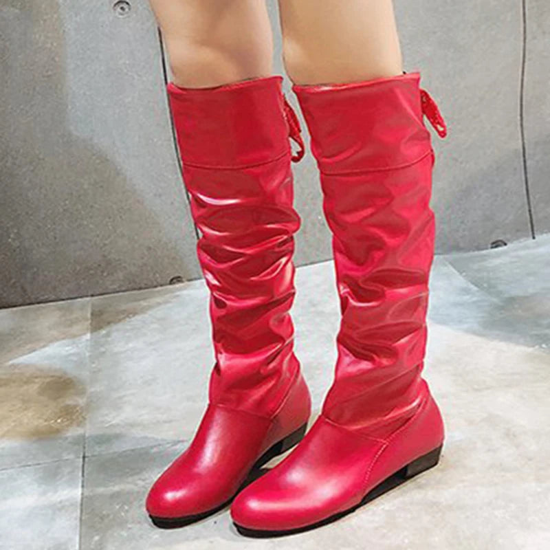 Women’s Knee-High Boots – Pleated Tall Leather Boots with Low Heel | Style Haven