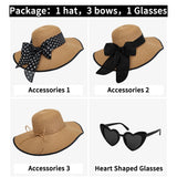 Women’s Wide-Brim Straw Hat Set – Floppy Beach Hat, Heart Sunglasses & 3 Ribbon Styles