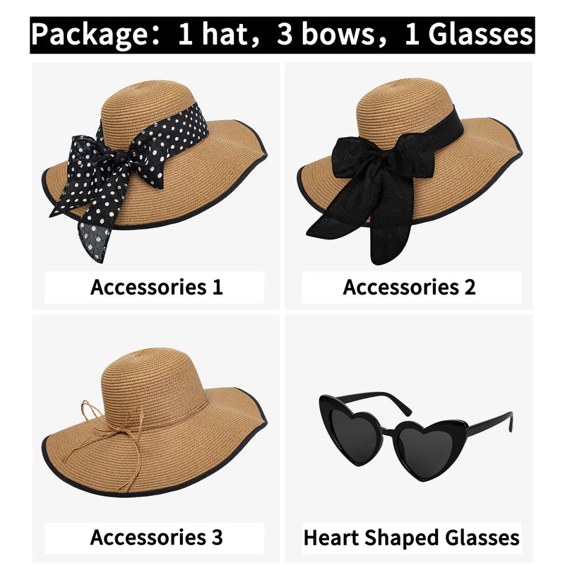 Women’s Wide-Brim Straw Hat Set – Floppy Beach Hat, Heart Sunglasses & 3 Ribbon Styles