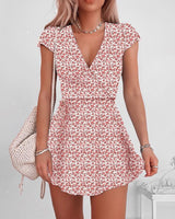 V-Neck Floral High Waist Mini Dress – Lightweight Summer Short Sleeve Dress for Women