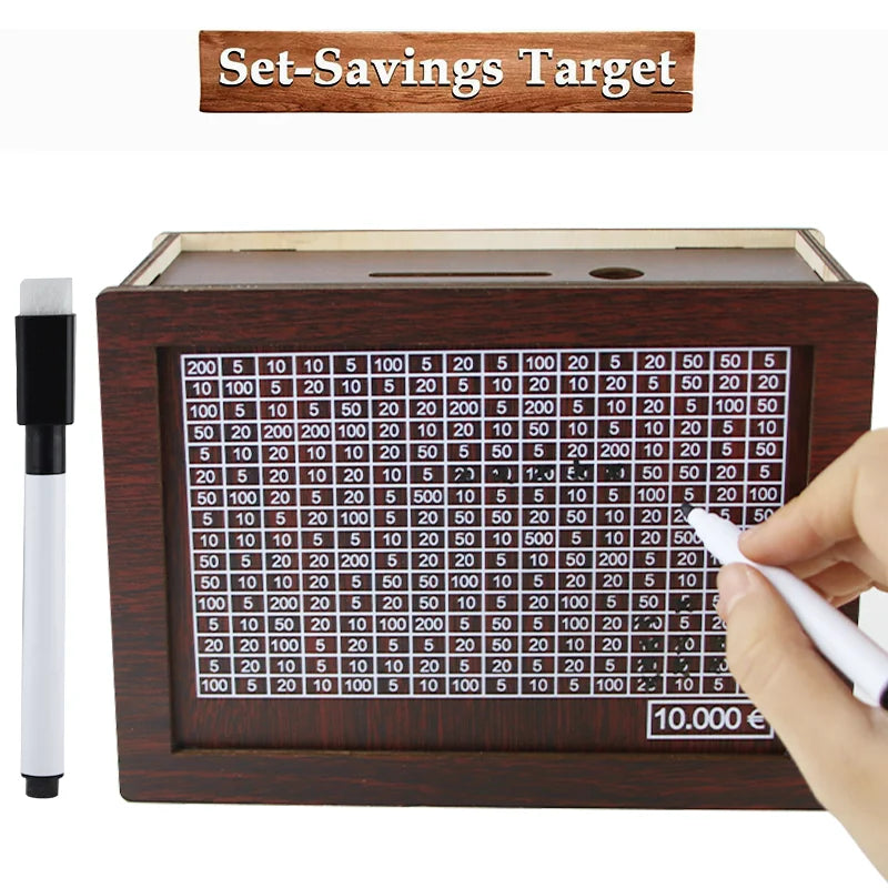 Euro Money Challenge Wooden Piggy Bank – 1K to 10K Savings Box with Tracker