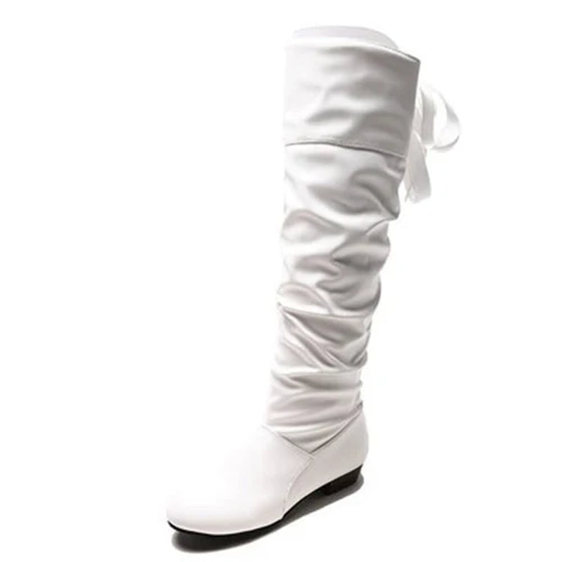 Women’s Knee-High Boots – Pleated Tall Leather Boots with Low Heel | Style Haven