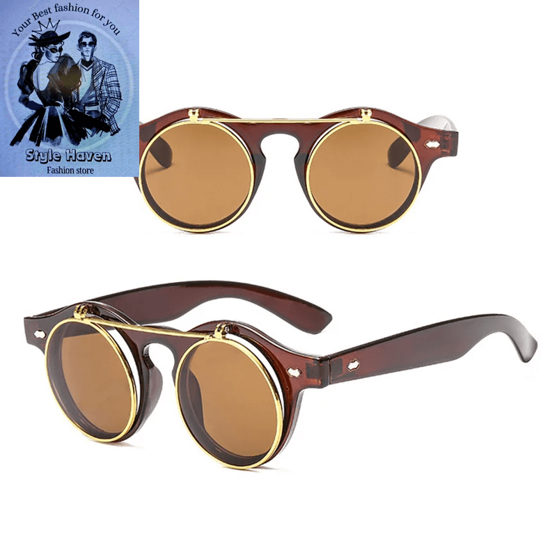 Round Steampunk Flip-Lens Sunglasses – Vintage UV400 Retro Shades