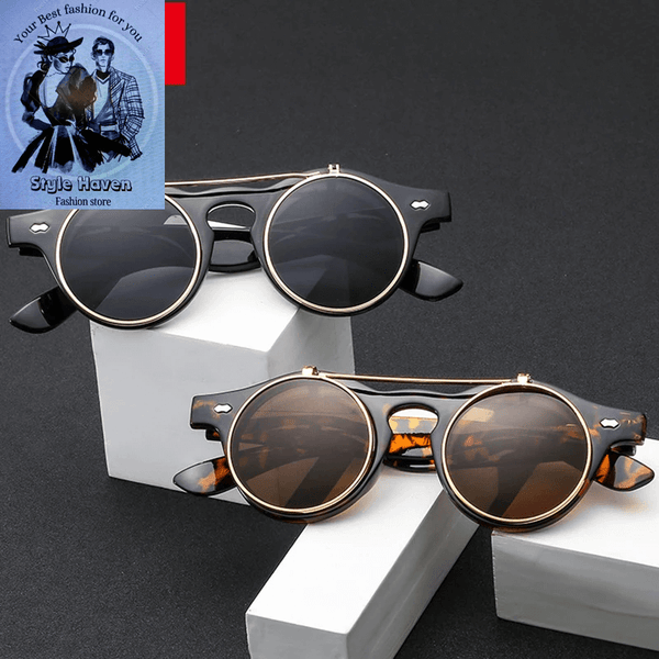 Round Steampunk Flip-Lens Sunglasses – Vintage UV400 Retro Shades