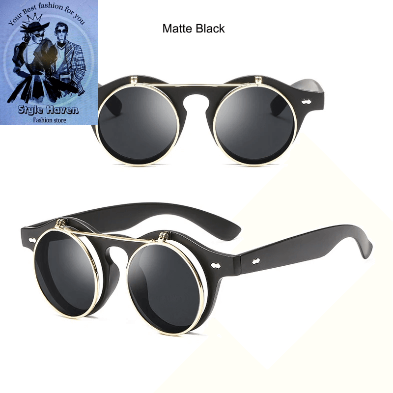 Round Steampunk Flip-Lens Sunglasses – Vintage UV400 Retro Shades