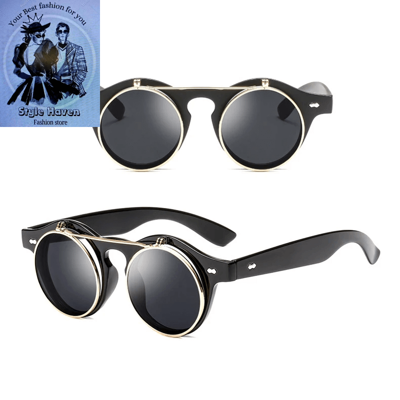 Round Steampunk Flip-Lens Sunglasses – Vintage UV400 Retro Shades