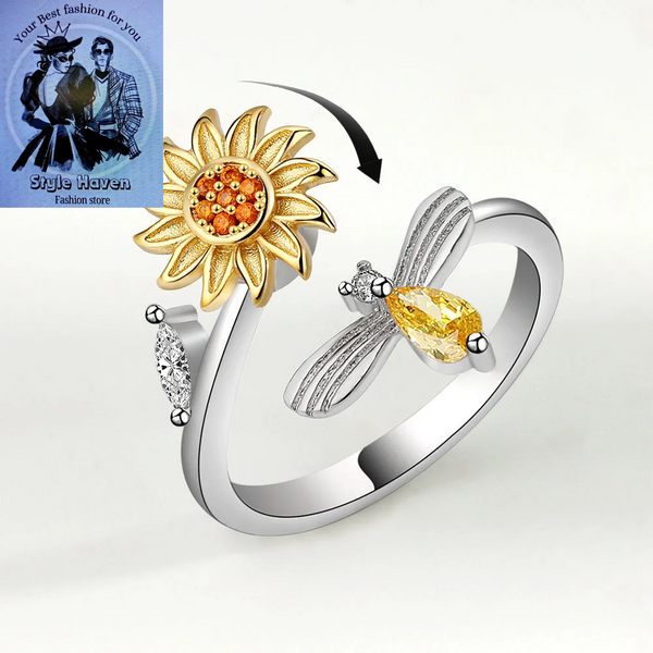 925 Sterling Silver Sunflower Diamond Zircon Rotatable Ring – Stress Relief Jewelry