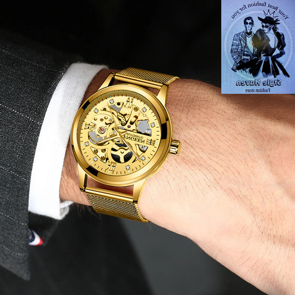 Luxury Luminous Skeletal Mechanical Watch – Waterproof Steel Band | Transparent Dial Style | Style Haven